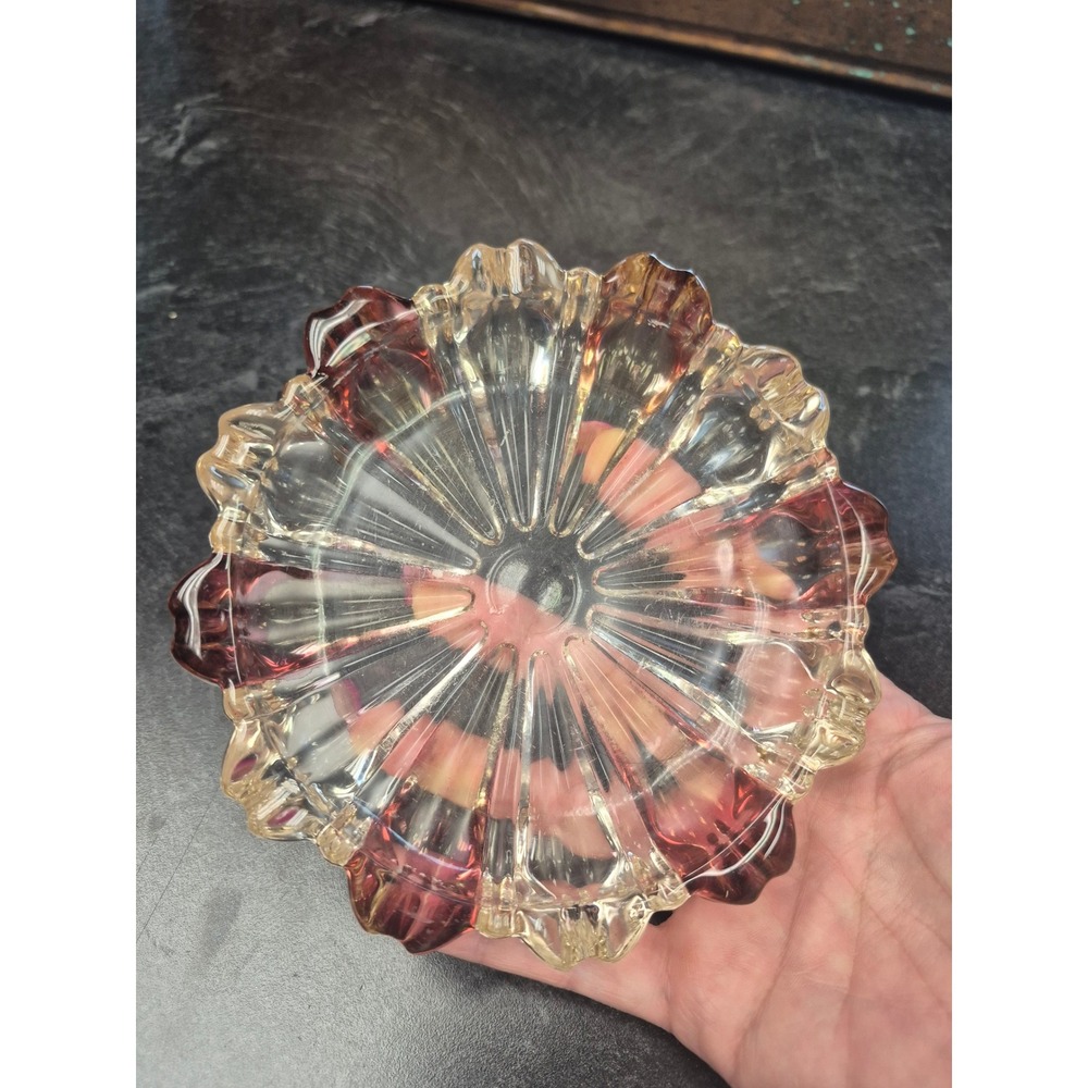 Vintage Cranberry Pink Clear Glass Ashtray 5" Floral Sunburst Scalloped Dish